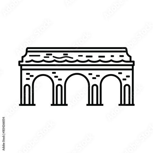 Outline vector icon of an aqueduct or a multi-arch bridge over water, depicting ancient Roman engineering, historical infrastructure, or a crucial waterway system.