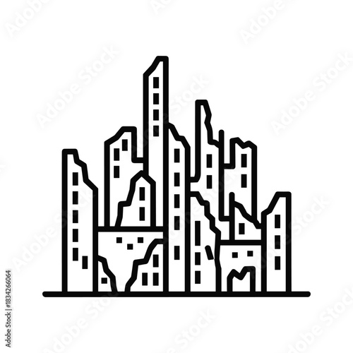 Ruined City Buildings Line Art Icon