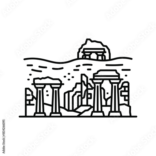 Ancient Ruins with Columns and Rocky Landscape Line Art Icon