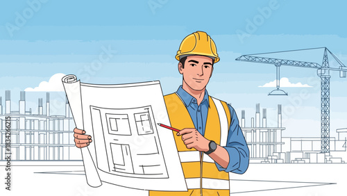 Construction worker holds blueprints against a backdrop of building skeletons and a crane