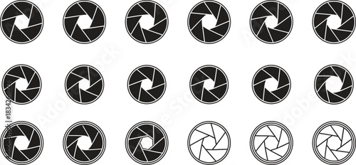 Camera lens aperture diaphragm icons row concept for photography equipment