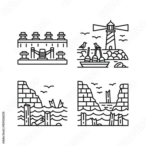Coastal and Marine Line Art Icons: Lighthouse, Dock, and Sea Ruin Structures