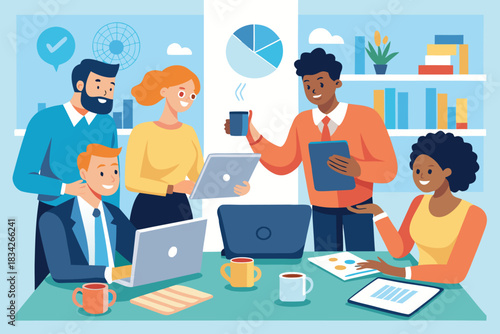 Diverse business team collaborating at a modern office table with laptops, tablets, charts, and coffee. Creative teamwork, brainstorming, and productive discussion in a contemporary workplace setting.