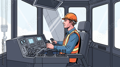 Construction worker operates heavy machinery controls inside a cab