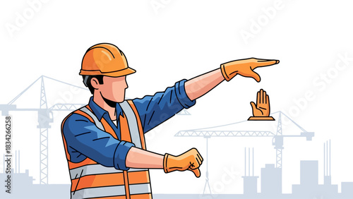 Construction worker signals with outstretched arms and gloved hands against a city backdrop