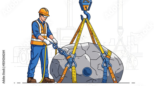 Construction worker secures a large rock being lifted by a crane
