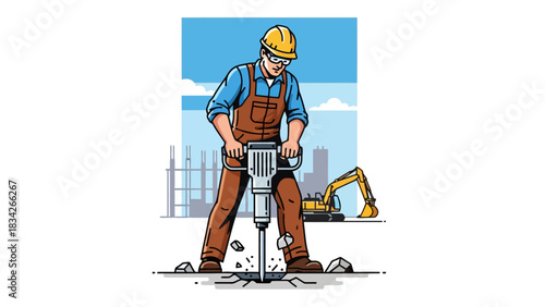 Construction worker using a jackhammer on pavement with an excavator in background