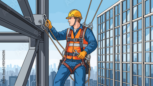 Construction worker wearing safety harness attaches rope to steel beam near a glass building