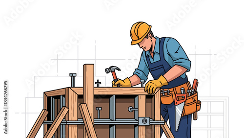 Construction worker with hammer assembling wooden formwork structure