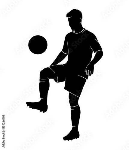 Silhouette of a soccer player juggling a ball with controlled balance, showcasing athletic posture, dynamic motion, and precise footwork in a minimalist vector illustration
