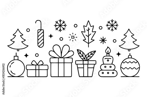 Minimalist christmas line art festive decorations and holiday icons