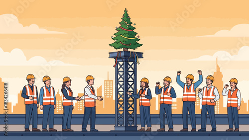 Construction workers celebrate installing a decorated Christmas tree atop a steel tower structure