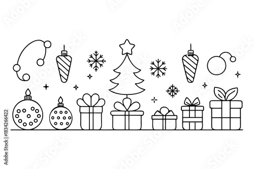 Minimalist christmas line art with tree gifts and decorations
