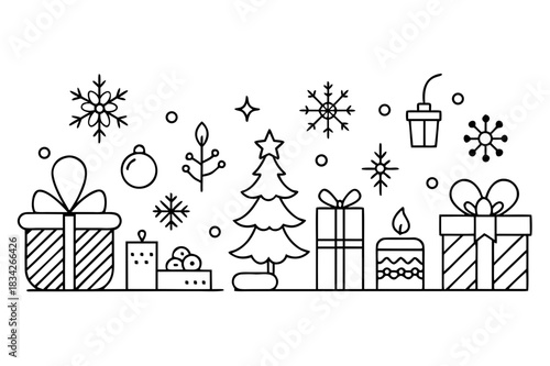 Minimalist christmas icons and elements in line art style on white