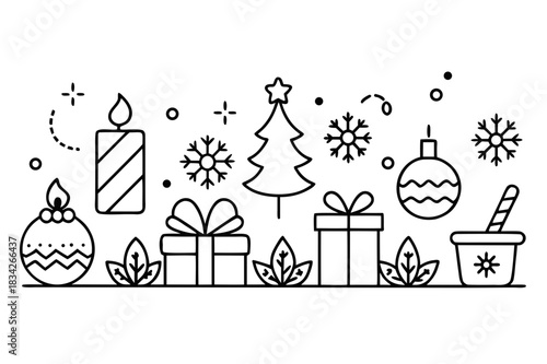 Simple black and white christmas icons and decorations line art