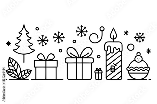 Minimalist christmas line art illustration with tree gifts candle and snowflakes