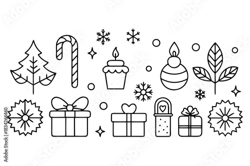 Minimalist christmas and new year line art icons on white background