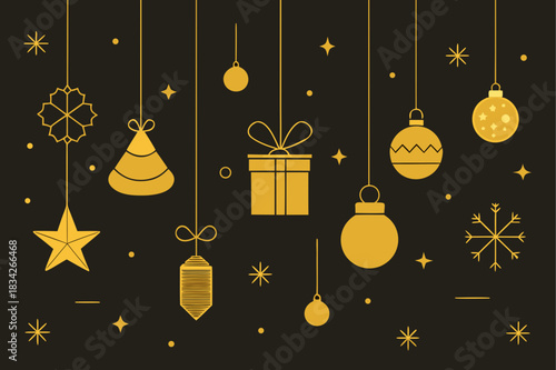 Elegant gold christmas ornaments on black background for festive holiday season