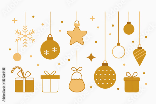 Elegant christmas ornament and gift box collection in gold tones on white