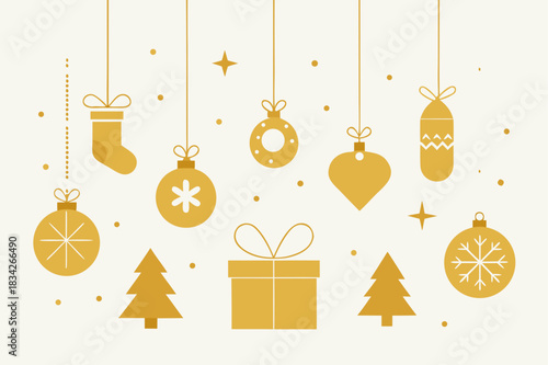 Elegant gold christmas ornaments and decorations on light background