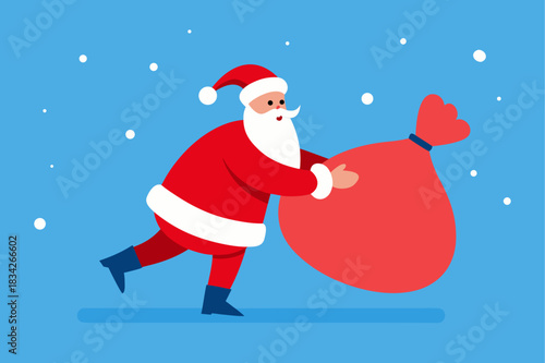 Santa claus carrying a big red sack of presents in the snow
