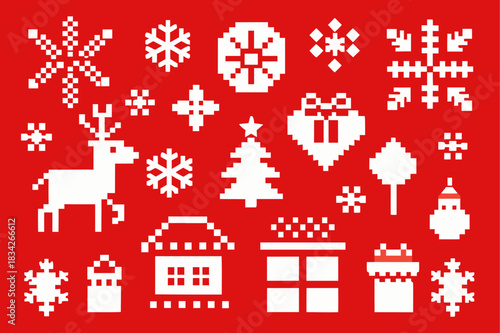 Pixel art christmas pattern with reindeer tree snowflakes and presents