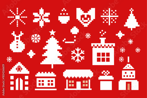 Pixel art christmas pattern with trees snowflakes and buildings on red