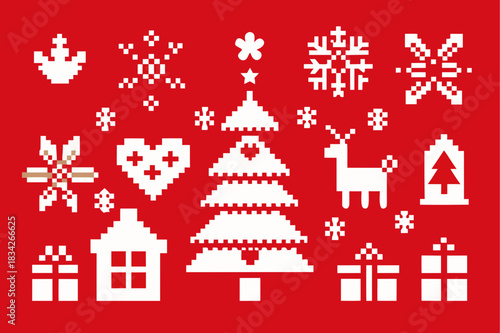 Pixel art christmas pattern with tree reindeer snowflakes and gifts on red