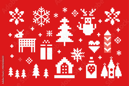Pixel art christmas pattern with festive elements on a red background