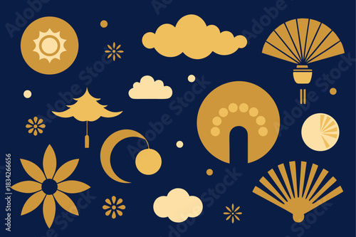Elegant asian inspired geometric pattern with flowers clouds and fans in gold and blue