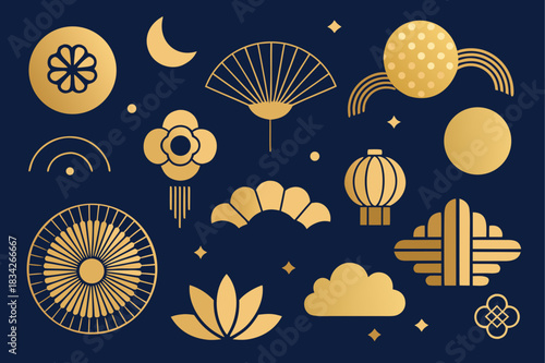 Elegant golden asian elements on dark blue background