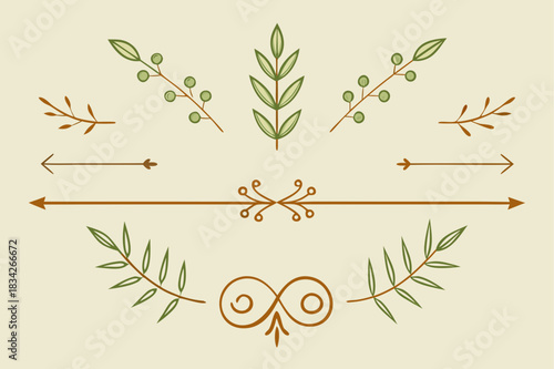 Hand drawn botanical elements and arrows for design projects