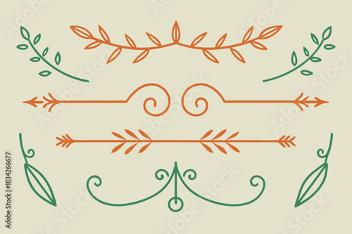 Hand drawn decorative dividers and floral elements in green and orange