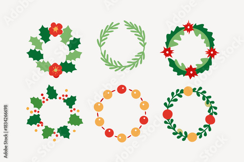 Collection of six festive holiday wreaths with greenery and red decorations