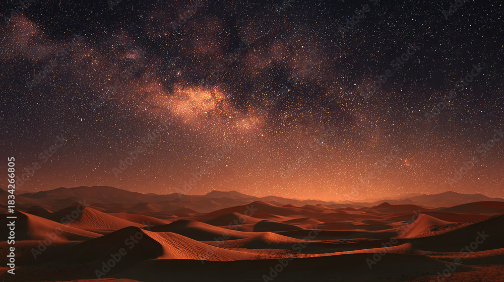 Obraz premium A stunning view of the night sky over a desert landscape, creating a sense of wonder and tranquility. The landscape is dominated by sand dunes under a starry sky.