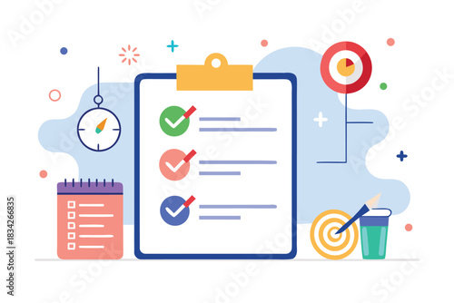 Colorful vector illustration of a clipboard checklist, calendar, clock, target, and office tools symbolizing planning, goal setting, productivity, time management, and organized project workflow.