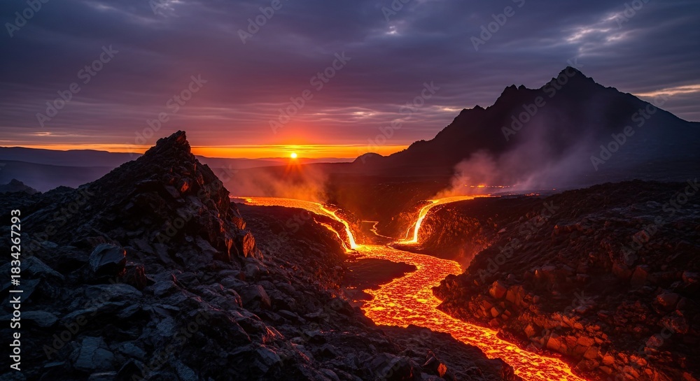 Fototapeta premium Spectacular Icelandic Volcanic Eruption at Sunset Showcasing Nature's Raw Power
