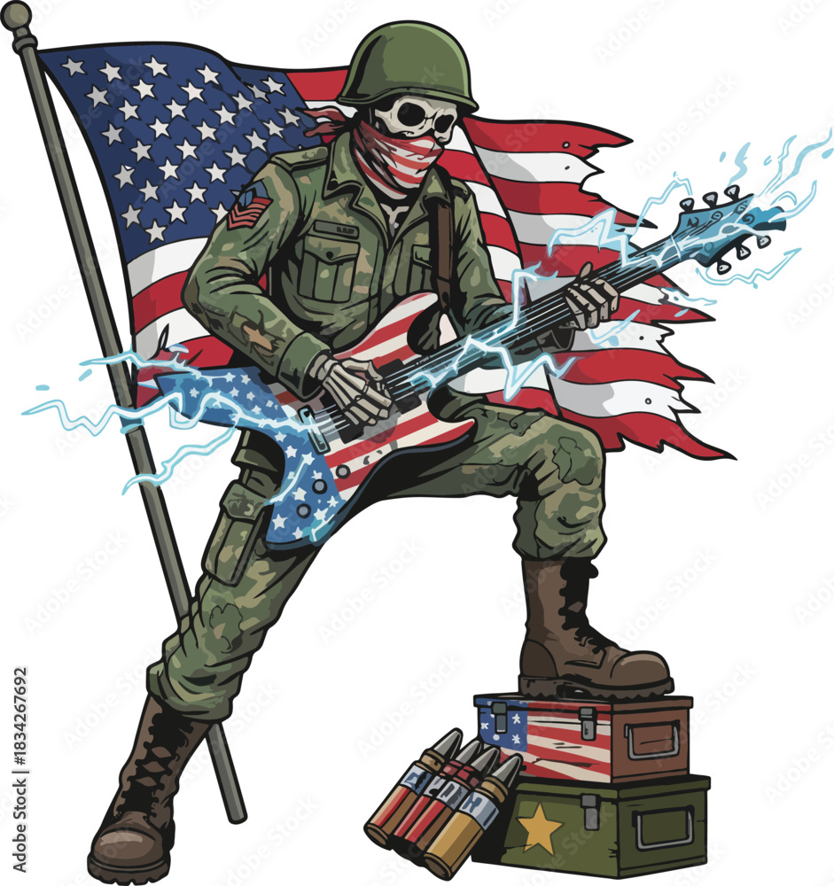 Obraz premium Patriotic Rocker Skeleton Soldier with American Flag and Electric Guitar Illustration