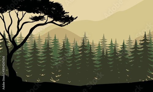 A forest landscape with trees and mountains in a muted color palette. The image captures a peaceful and serene nature scene