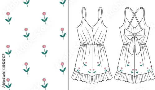 Seamless floral pattern and front and back flat sketches of a ruffled romper jumpsuit playsuit