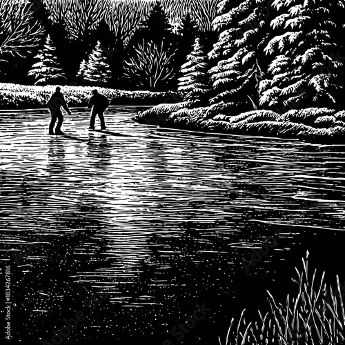 Two figures skating on a frozen pond in winter.