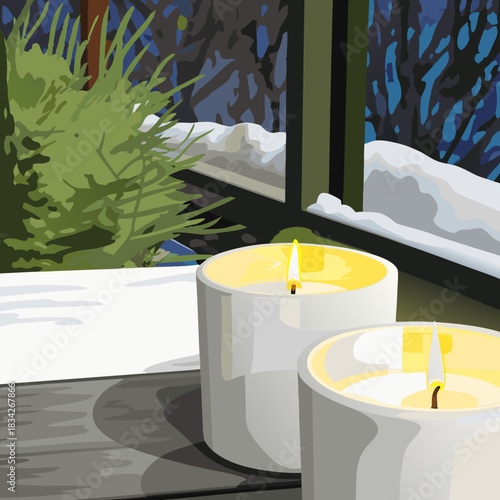 Two lit candles casting shadows on a windowsill.