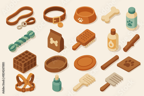 Collection of various pet accessories for dogs and cats in isometric design