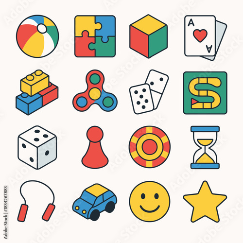 Colorful assortment of classic toys and games icons