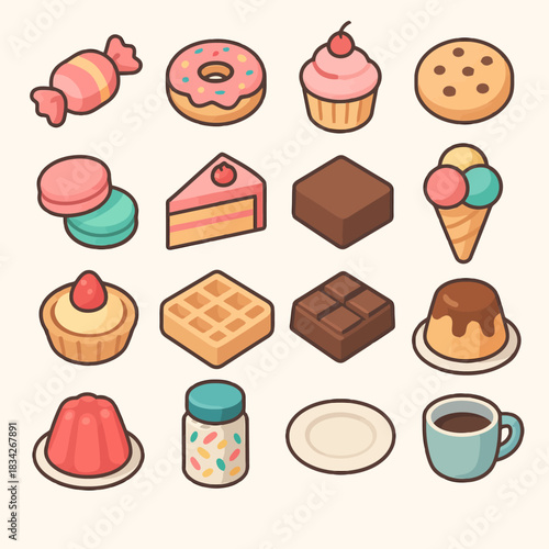 Assorted cartoon desserts featuring cake, donut, ice cream, and coffee