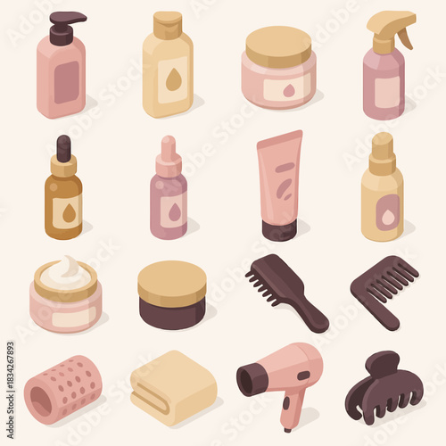 Assorted hair and skincare products illustrated in soft pastel tones