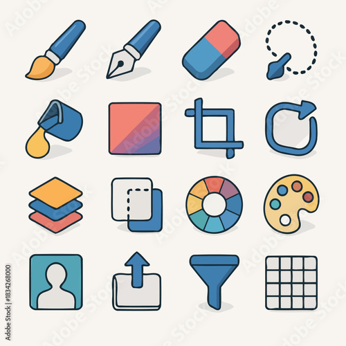 Digital art tools icons set featuring pens brushes erasers and color palettes