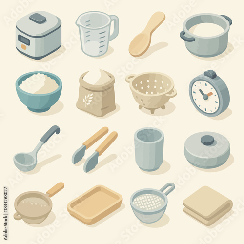 Isometric kitchen utensils and appliances set on beige background