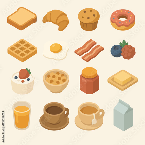 Variety of breakfast items including eggs, bacon, and pastries