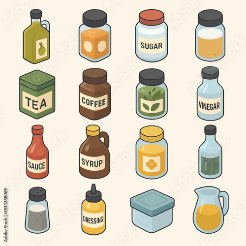 Assorted kitchen pantry items: tea, coffee, vinegar, condiments, and spices in containers